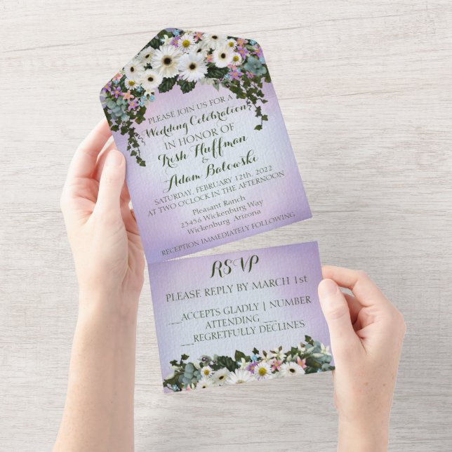 Invitation Tout En Un Mariage avec Guirlande de Gerbera (Déchirure)