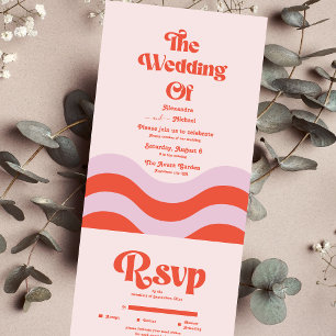Invitation Tout En Un Mariage avec Typographie Rétro Moderne Rose et Ora