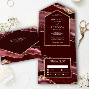 Invitation Tout En Un Mariage avec un marbre agate bordeaux et or