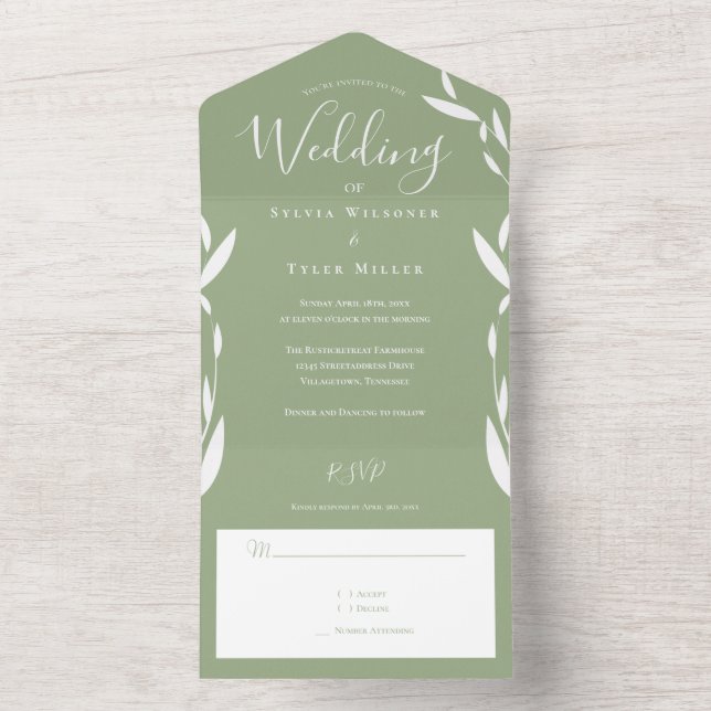 Invitation Tout En Un Mariage blanc vert Foliage Sage (À l'intérieur)