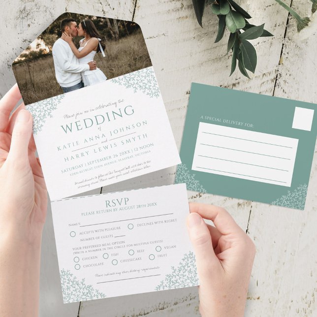 Invitation Tout En Un Mariage blanc vert muet feuilles personnalisés (Créateur téléchargé)
