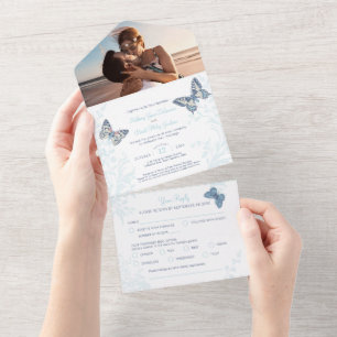 Invitation Tout En Un Mariage bleu crème papillons photo repas RSVP