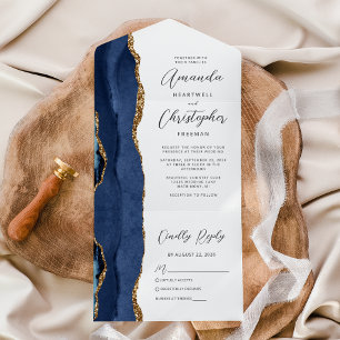 Invitation Tout En Un Mariage bleu de nuit Agate Or