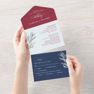 Invitation Tout En Un Mariage Bleu et Bourgogne moderne avec RSVP perfor