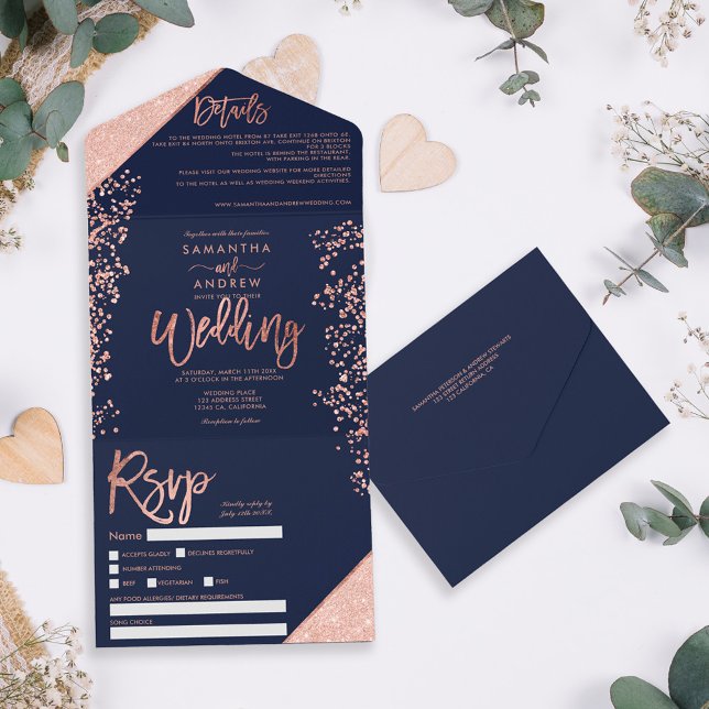 Invitation Tout En Un Mariage bleu marine confetti pailleté or rose (Créateur téléchargé)
