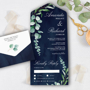 Invitation Tout En Un Mariage bleu marine de la branche Eucalyptus