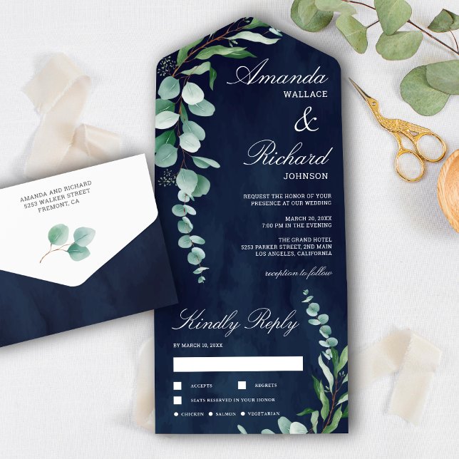 Invitation Tout En Un Mariage bleu marine de la branche Eucalyptus (Créateur téléchargé)