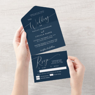 Invitation Tout En Un Mariage bleu marine minimal Élégant Script