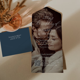 Invitation Tout En Un Mariage bleu marine moderne avec code QR photo RSV
