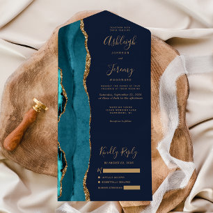 Invitation Tout En Un Mariage Bleu Nuit Or Agate Sarcelle