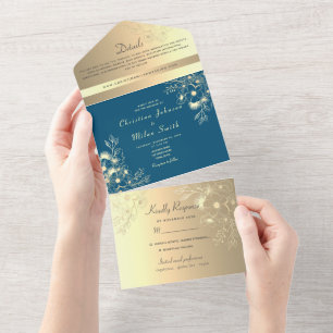 Invitation Tout En Un Mariage bleu or Faux
