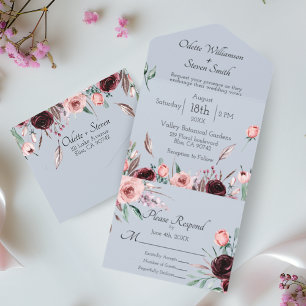 Invitation Tout En Un Mariage Bleu Poussiéreux et Rose Fleur aquarelle