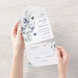 Invitation Tout En Un Mariage Bleu Poussiéreux Fleurs Sauvages Verdure