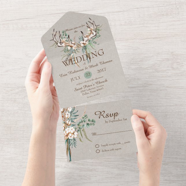 Invitation Tout En Un Mariage Bohème de Cerf en Coton  (Déchirure)
