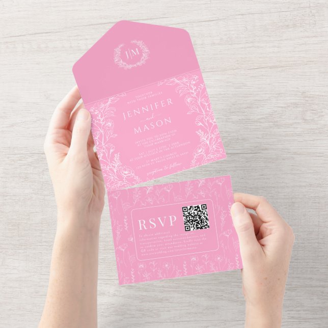 Invitation Tout En Un Mariage bohème rose chaud (Déchirure)