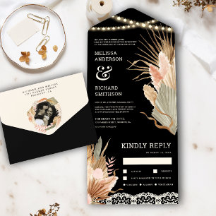 Invitation Tout En Un Mariage Bohème Rustique Palmier Séché Pampas Noir