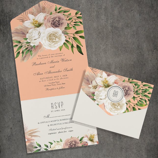 Invitation Tout En Un Mariage Boho Floral Peach Fuzz (Créateur téléchargé)