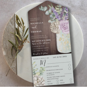 Invitation Tout En Un Mariage Bois Rustique et Fleurs d'Eucalyptus