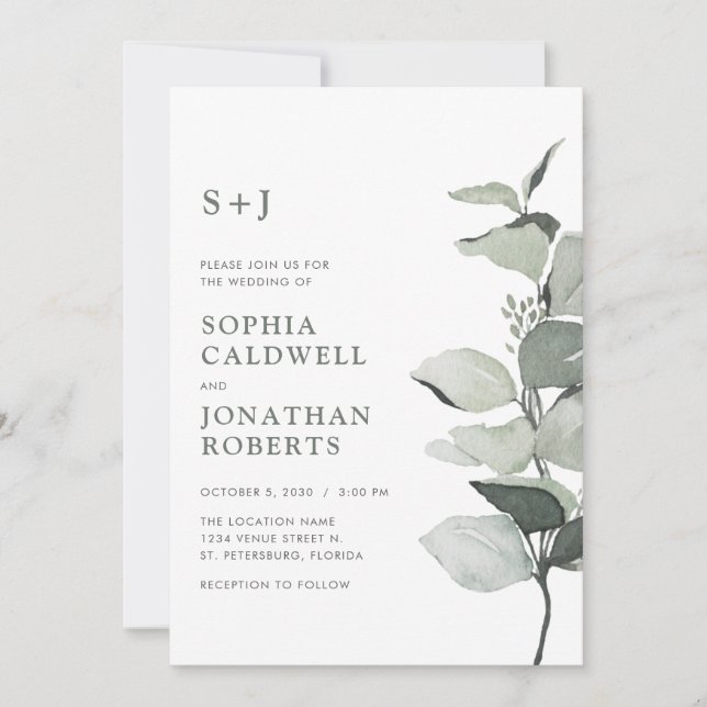Invitation Tout en Un Mariage Botanique à la Sauge d'Eucalypt (Devant)