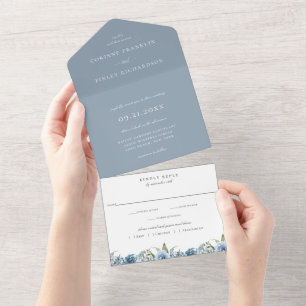 Invitation Tout En Un Mariage botanique bleu Dusty