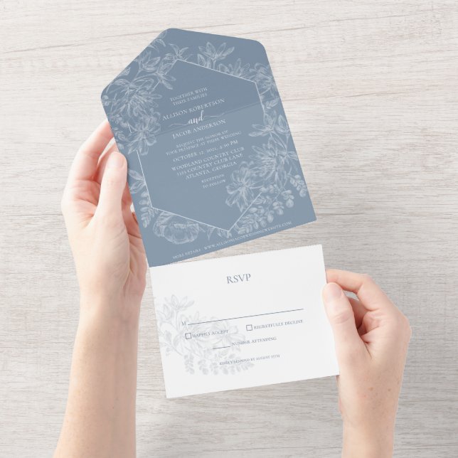 Invitation Tout En Un Mariage botanique bleu Dusty (Déchirure)