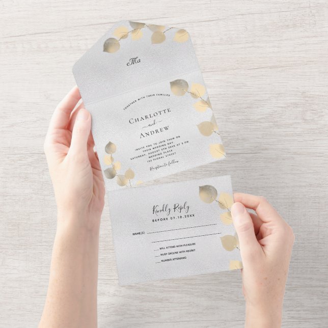 Invitation Tout En Un Mariage botanique doré d'eucalyptus d'argent (Déchirure)