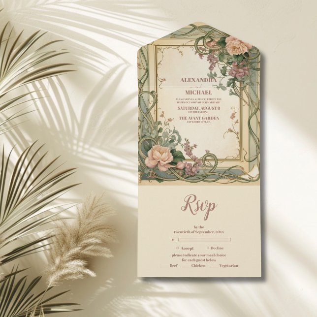 Invitation Tout En Un Mariage botanique élégant Art Nouveau (Créateur téléchargé)
