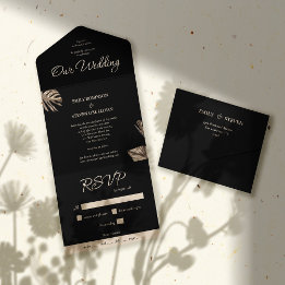 Invitation Tout En Un Mariage botanique moderne Black & Gold