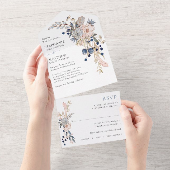 Invitation Tout En Un Mariage botanique moderne Dusty Blue Pink (Déchirure)