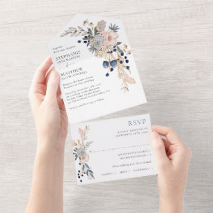 Invitation Tout En Un Mariage botanique moderne Dusty Blue Pink