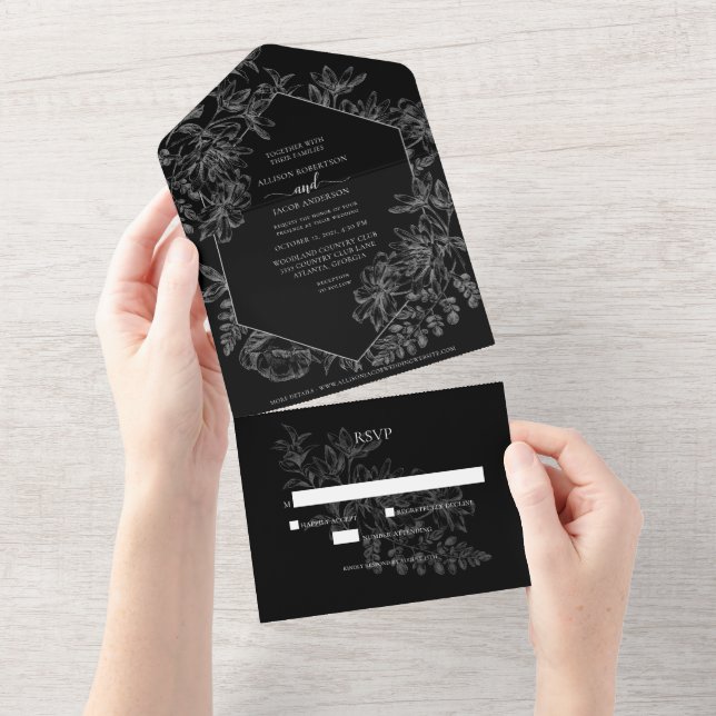 Invitation Tout En Un Mariage botanique noir blanc chic (Déchirure)