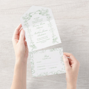 Invitation Tout En Un Mariage Botanique Oiseaux Vert Sage Victorien