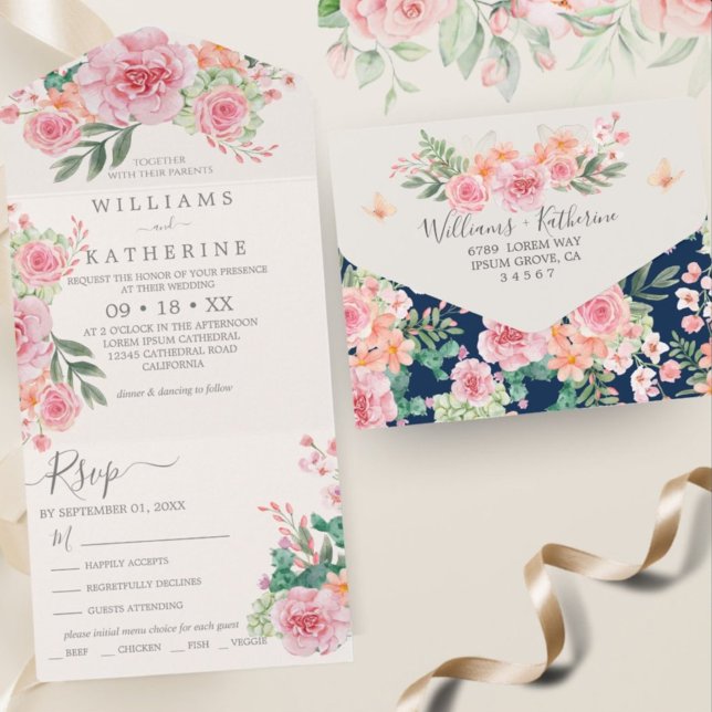 Invitation Tout En Un Mariage budgétaire floral bleu marine et rose (Créateur téléchargé)
