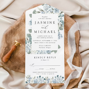 Invitation Tout En Un Mariage Cadre Floral Bleu Poussiéreux Élégant