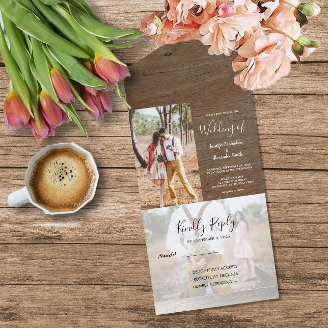 Invitation Tout En Un Mariage campagnard photo en bois rustique (Rustic barn wood photo country Wedding All In One Invitation. Wedding invitation and RSVP in one.)