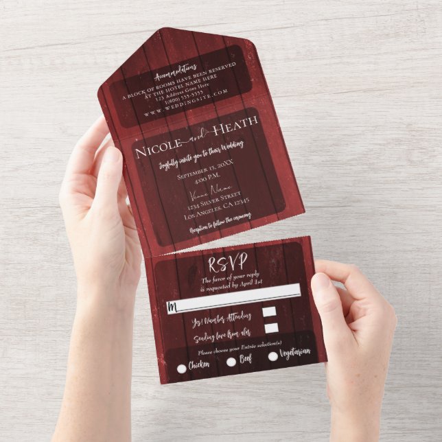 Invitation Tout En Un Mariage campagnard rustique de la grange rouge (Déchirure)