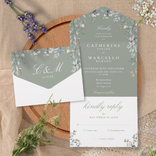 Invitation Tout En Un Mariage Cascade de Feuillage Floral Vert Sauge