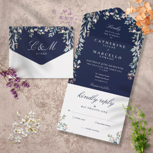 Invitation Tout En Un Mariage Cascade Marine Blue Floral Greenery