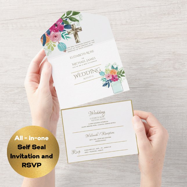 Invitation Tout En Un Mariage catholique 3in1 Invite Floral Gold RSVP (Créateur téléchargé)