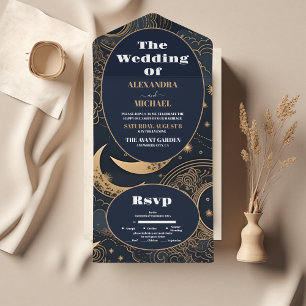 Invitation Tout En Un Mariage céleste bleu nuit or