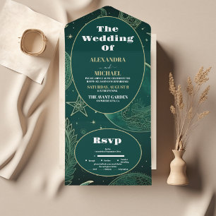 Invitation Tout En Un Mariage céleste or émeraude vert