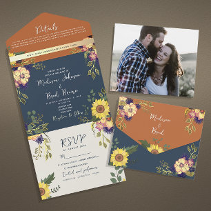Invitation Tout En Un Mariage champêtre au tournesol avec du terracotta 
