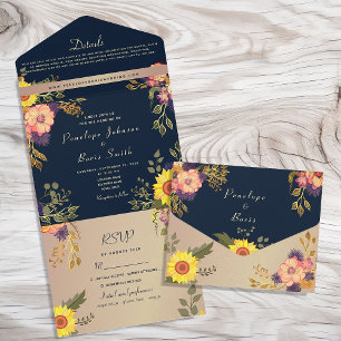 Invitation Tout En Un Mariage champêtre au tournesol bleu marine