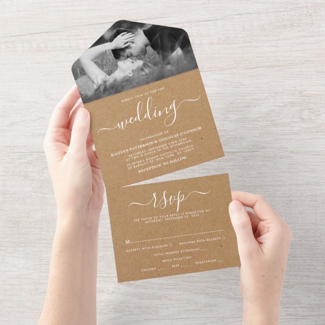 Invitation Tout En Un Mariage Champêtre Kraft Écriture Simple (Déchirure)