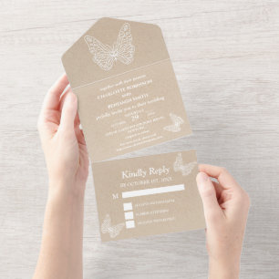 Invitation Tout En Un Mariage Champêtre Kraft et Papillon