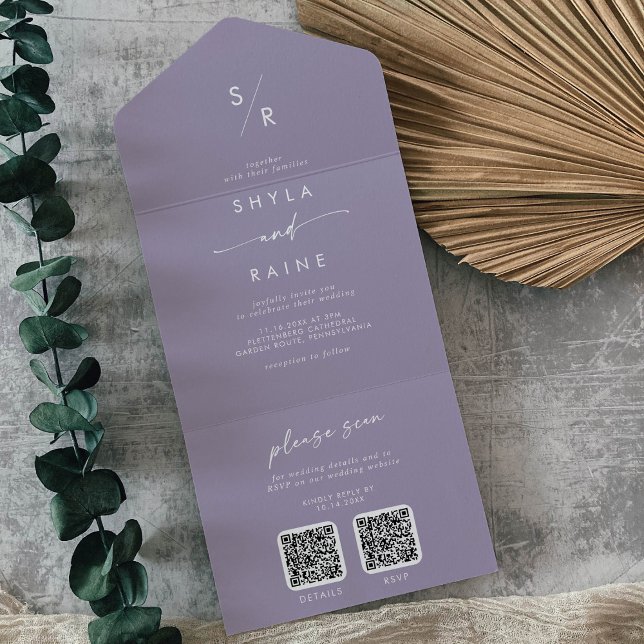 Invitation Tout En Un Mariage chic bohème code QR double lavande violet (Créateur téléchargé)
