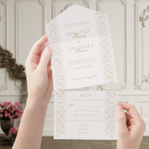Invitation Tout En Un Mariage Chic Formel Bordure Ecru à Rinceaux