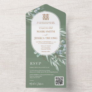 Invitation Tout En Un Mariage chinois à cadre rond Eucalyptus