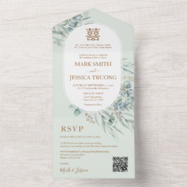 Invitation Tout En Un Mariage chinois à cadre rond Eucalyptus