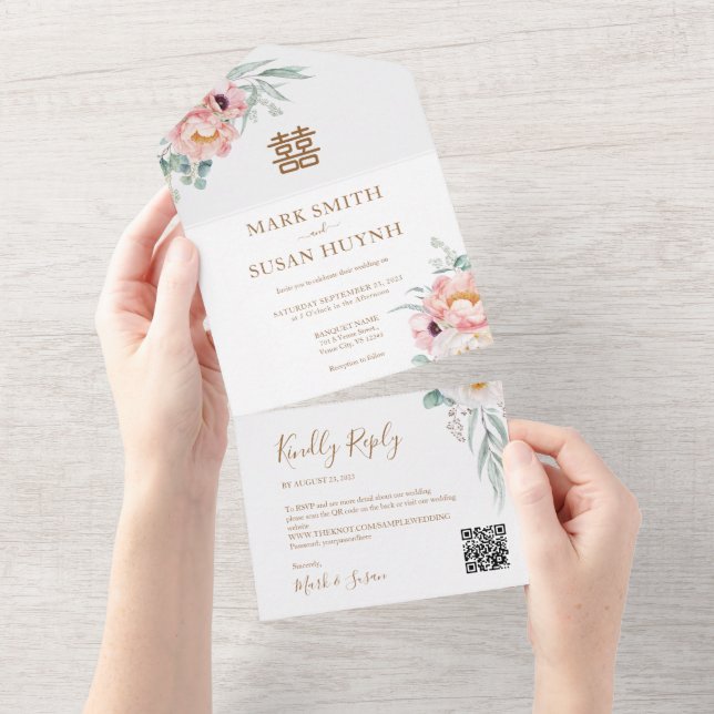Invitation Tout En Un Mariage chinois Eucalyptus Peonies (Déchirure)